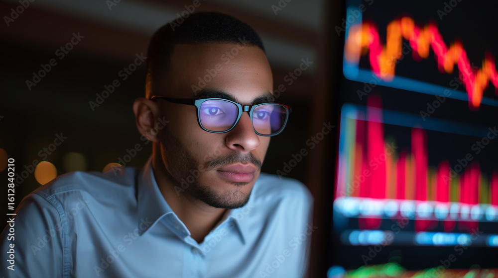 Poster man wearing glasses analyzing colorful digital data charts on screen.