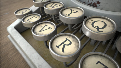 Close-up of vintage typewriter keys in steel gray and ivory with faint ink smudges and copy space 