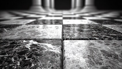Marble checkerboard floor leading to blurry pillars