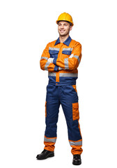 proud builder in protective gear looking into the distance on white background . Generative AI