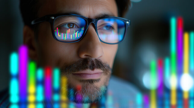 Man wearing glasses analyzing colorful digital data charts on screen.
