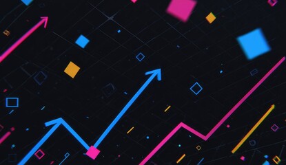 Abstract digital graphic, vibrant shapes, trending arrows
