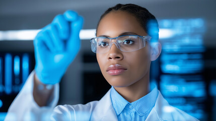 Female scientist interacting with virtual screen in high-tech laboratory environment.
