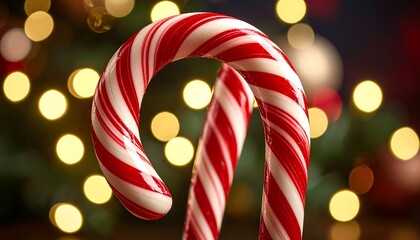 Two red-and-white striped candy canes in front of a blurred Christmas tree with warm lights