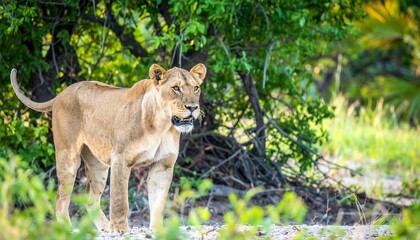 Fototapeta premium Lioness in a lush African landscape