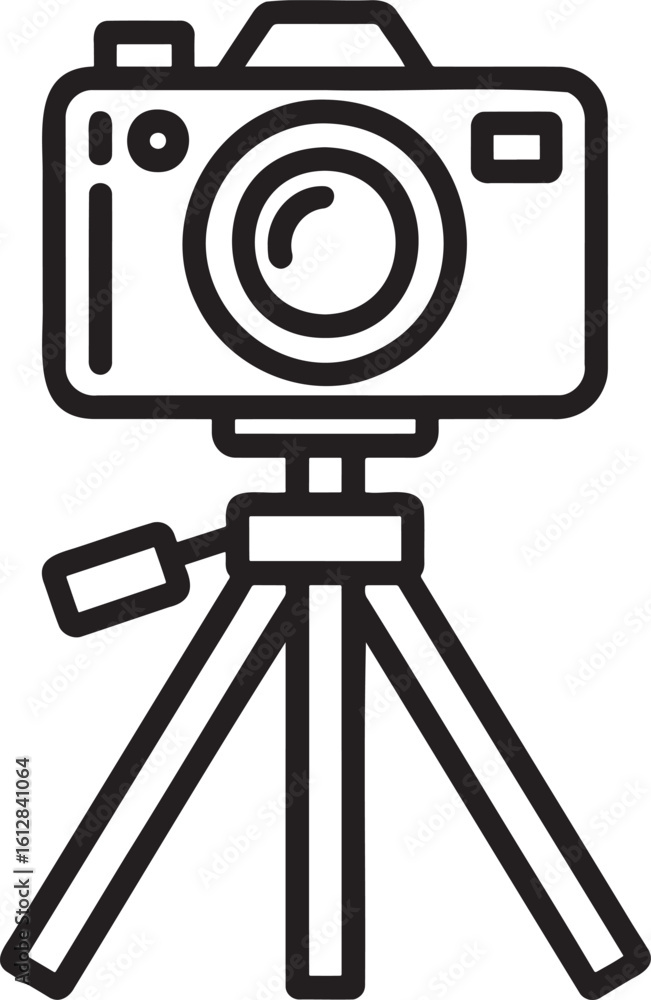 Poster camera on a tripod outline vector illustration isolated on transparent background