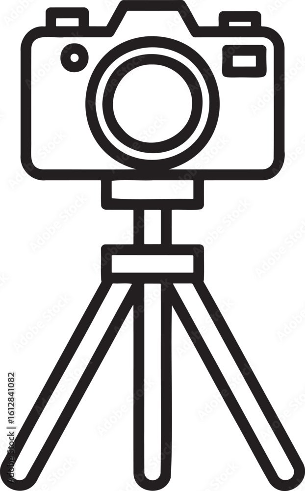 Poster camera on a tripod outline vector illustration isolated on transparent background
