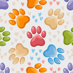 Fototapeta premium Seamless dog paw print background. Vector illustration. 