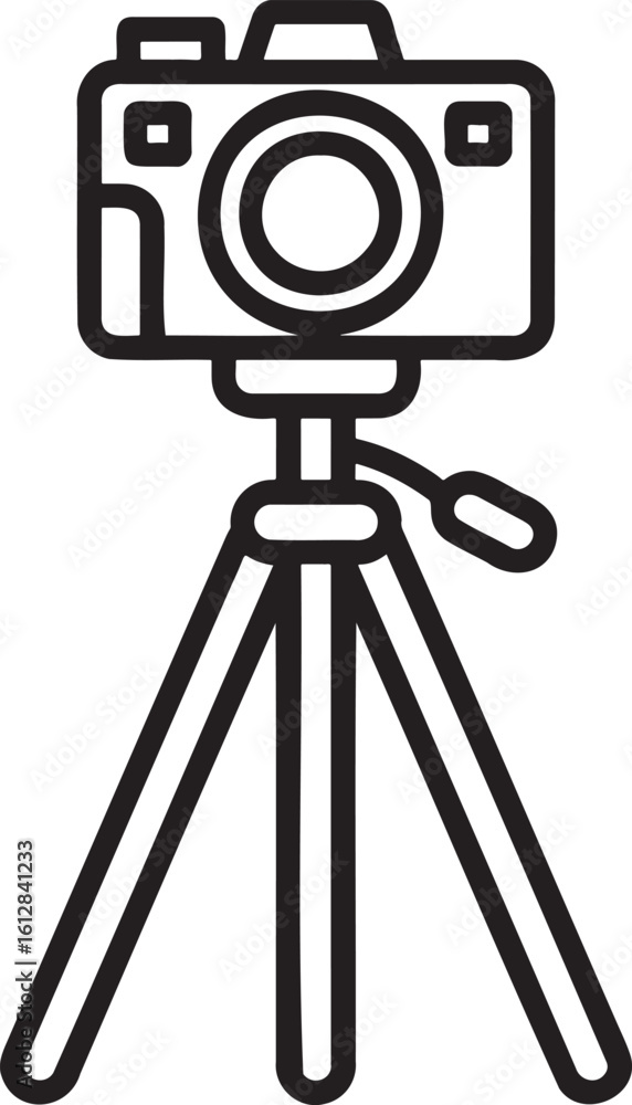 Poster camera on a tripod outline vector illustration isolated on transparent background