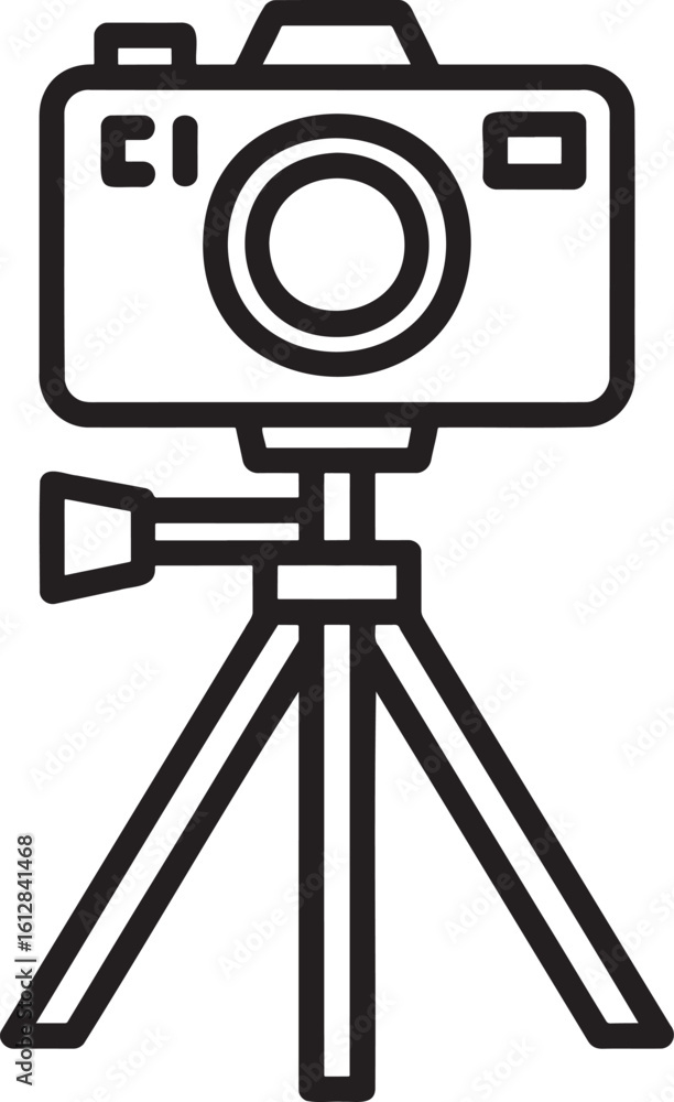 Poster camera on a tripod outline vector illustration isolated on transparent background