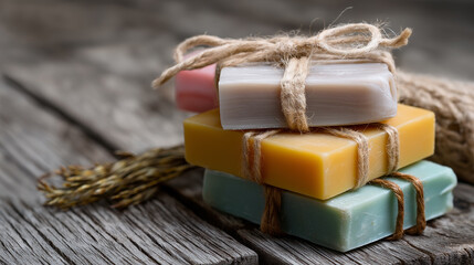 Stack of colorful handmade soap bars tied with twine, placed on a rustic wooden surface with lavender sprigs.
