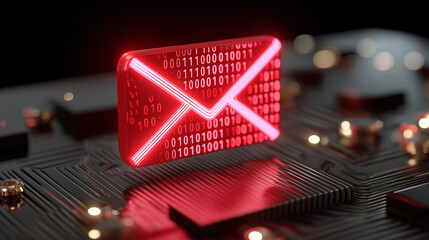 Glowing red email icon with binary code floating over a digital circuit board, symbolizing electronic communication and cybersecurity.