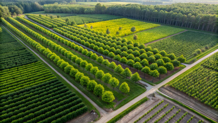 Lush green agricultural fields in neat rows under a soft sky, showcasing vibrant growth and nature's bounty