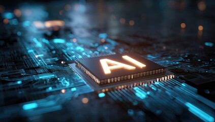 AI chip on circuit board, glowing