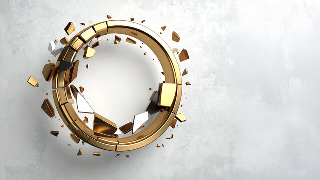 A dynamic image of a golden ring breaking into metallic fragments against a textured white background. Represents disruption, change, crisis, and new beginnings.