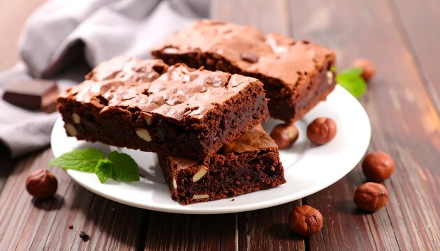 Three chocolate brownies with hazelnuts, on a white plate, atop a wooden surface