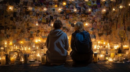 Fototapeta premium Two Women Silhouetted Against a Field of Candles, Reflective Moment, Evening Gathering, Peaceful Community Event.