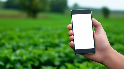 Hand holding a smartphone with blank screen over a green agricultural field background.
