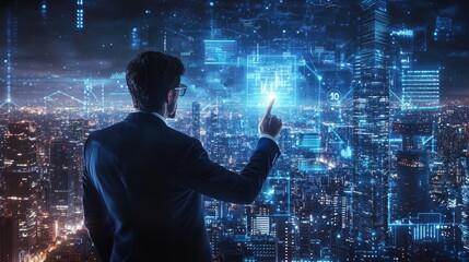 Businessperson interacts with holographic city data overlay.