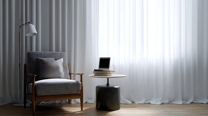 A stylish chair with a laptop sits near a bright window