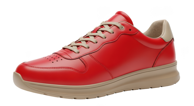 A single vibrant red leather low top sneaker with tan laces and a light tan sole presented isolated on transparent background