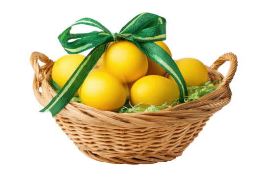 A wicker basket filled with yellow eggs, adorned with a green ribbon bow