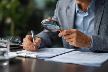 Businessman analyzing financial documents with a magnifying glass in a modern office setting during daylight