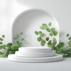 Minimalist white podium with lush green eucalyptus leaves and soft natural light creating a serene botanical display