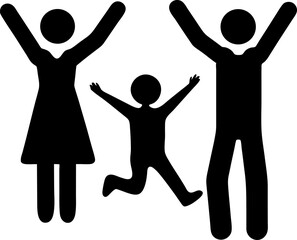 Joyful Family of Three with Arms Raised and Child Leaping in Celebration Silhouette