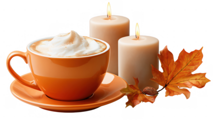Warm drink with cream by candles, created with AI, PNG