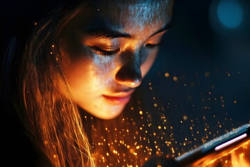 Enchanting Portrait Illuminated Vibrant Sparkling Warmth Glowing Light Reflection Beauty Emotion Captivating Softness Serenity
