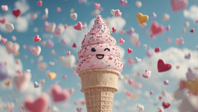 Happy pink ice cream cone with a smiley face under a blue sky with heart-shaped candies. Sweet and joyful scene