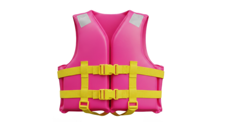 Bright pink flotation device with yellow buckles and straps for water safety and recreation isolated on transparent background