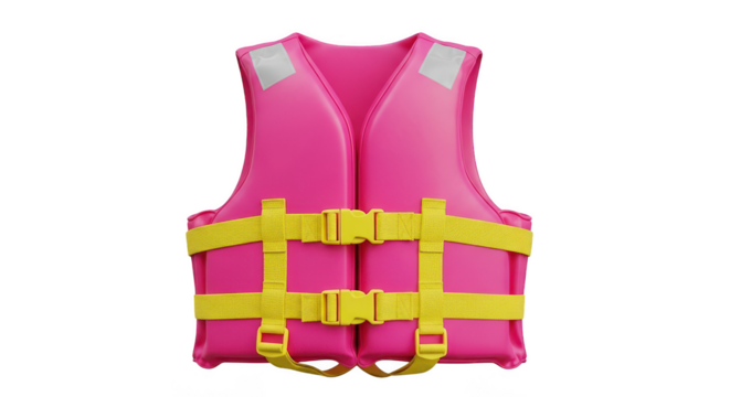 Bright pink flotation device with yellow buckles and straps for water safety and recreation isolated on transparent background