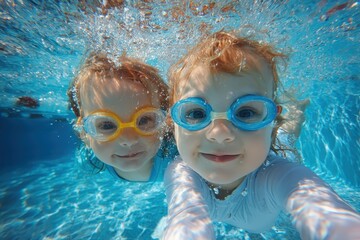Naklejka premium Two little kids enjoy swimming underwater in a clear pool with bright blue water while wearing colorful goggles and smiling happily