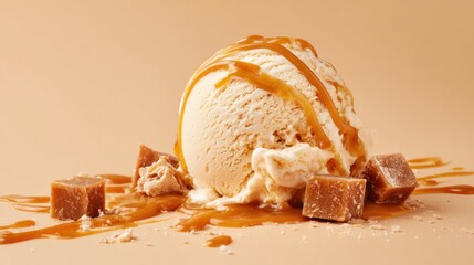 A scoop of vanilla ice cream is drizzled with caramel sauce and surrounded by chunks of chocolate fudge on a smooth surface, inviting indulgence.