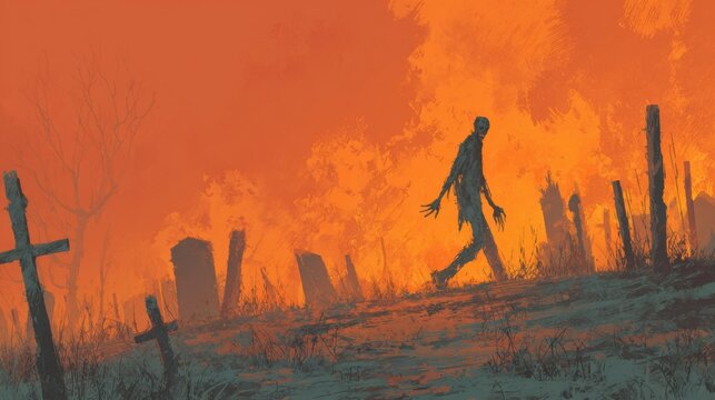 An unsettling figure wanders among gravestones in a graveyard consumed by fire, casting an ominous shadow against the vivid orange sky. Smoke billows and embers dance.