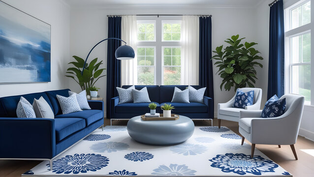 luxurious living room interior design with Blue theme 
