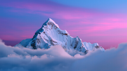 A majestic snow-capped mountain peak rises above a sea of clouds, illuminated by the pink and purple hues of sunrise or sunset.
