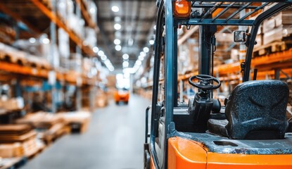 Warehouse forklift in busy interior