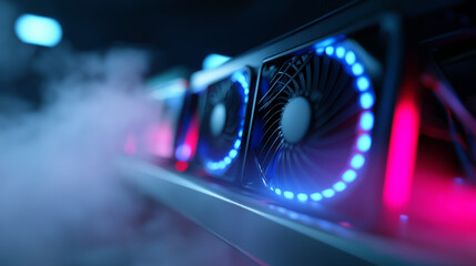 A row of cryptocurrency mining rigs with glowing blue fans and red lights, emitting smoke, in a server room.
