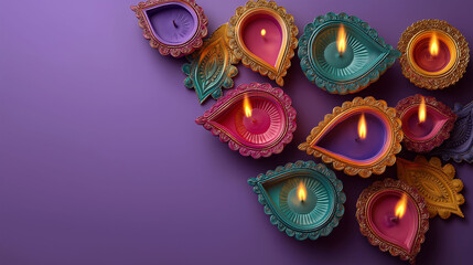 Diwali's Warm Embrace: A captivating overhead shot of colorful, intricately designed lamps gracefully arranged against a rich, purple canvas, creating a warm, inviting atmosphere of celebration.