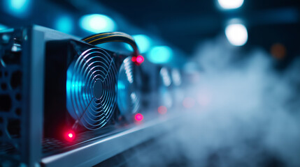 A row of cryptocurrency mining rigs with glowing blue fans and red lights, emitting smoke, in a server room.
