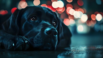 Black Labrador Lying Calmly Night City Lights Background
