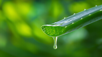 Fototapeta premium A cut aloe vera leaf with a clear drop of gel dripping from it, set against a vibrant green background. 