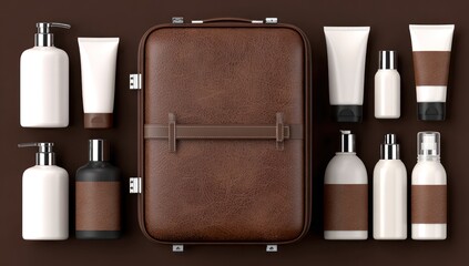 Brown suitcase centered with surrounding array of white unlabeled cosmetic bottles, different shapes and sizes, against brown background, flat lay