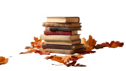 Vintage books among autumn leaves, created with AI, PNG