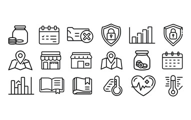 Collection of hand drawn icons representing finance business health and security concepts