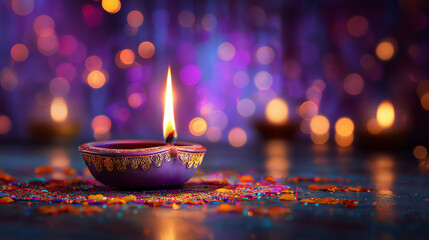 Diwali Candle: A beautifully lit candle casting a warm glow amidst the vibrant bokeh background of the Diwali festival. The candle flickers, representing the joy and festivity of the celebration.