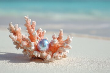 Pastel coral branch cradling iridescent pearl on white sand beach, soft blue-silver reflections with tropical luxury aesthetic, minimalist ocean jewelry concept